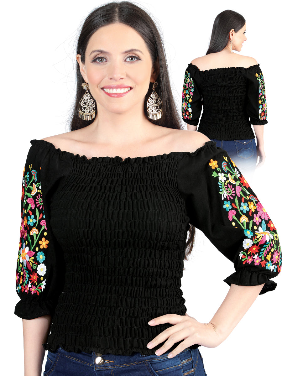 Blusa bordada artesanalmente, 100% algodón, negra, 604012