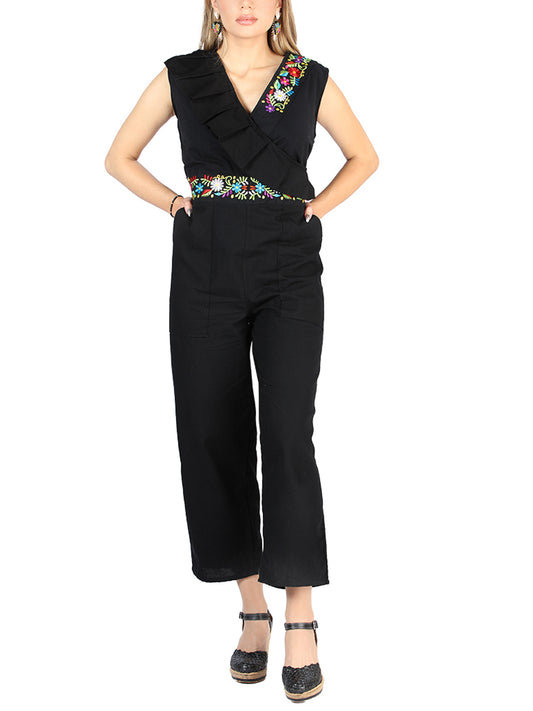 Artisanal Embroidered Jumpsuit 100% Cotton Black 604047