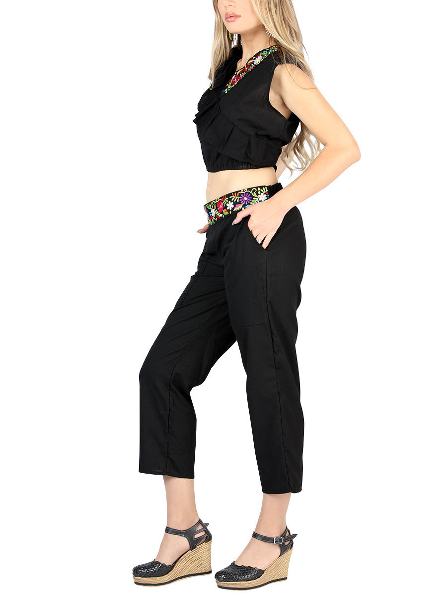 Conjunto bordado artesanal 100% algodón negro 604048