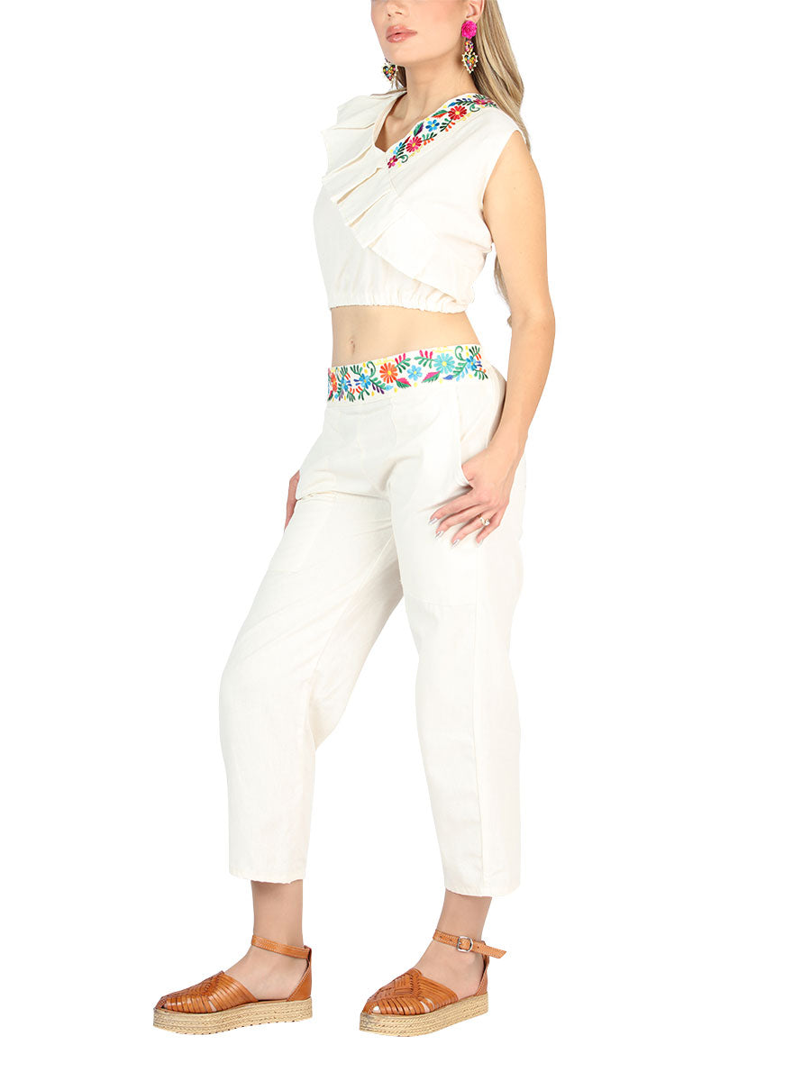 Conjunto bordado artesanal 100% algodón beige 604049