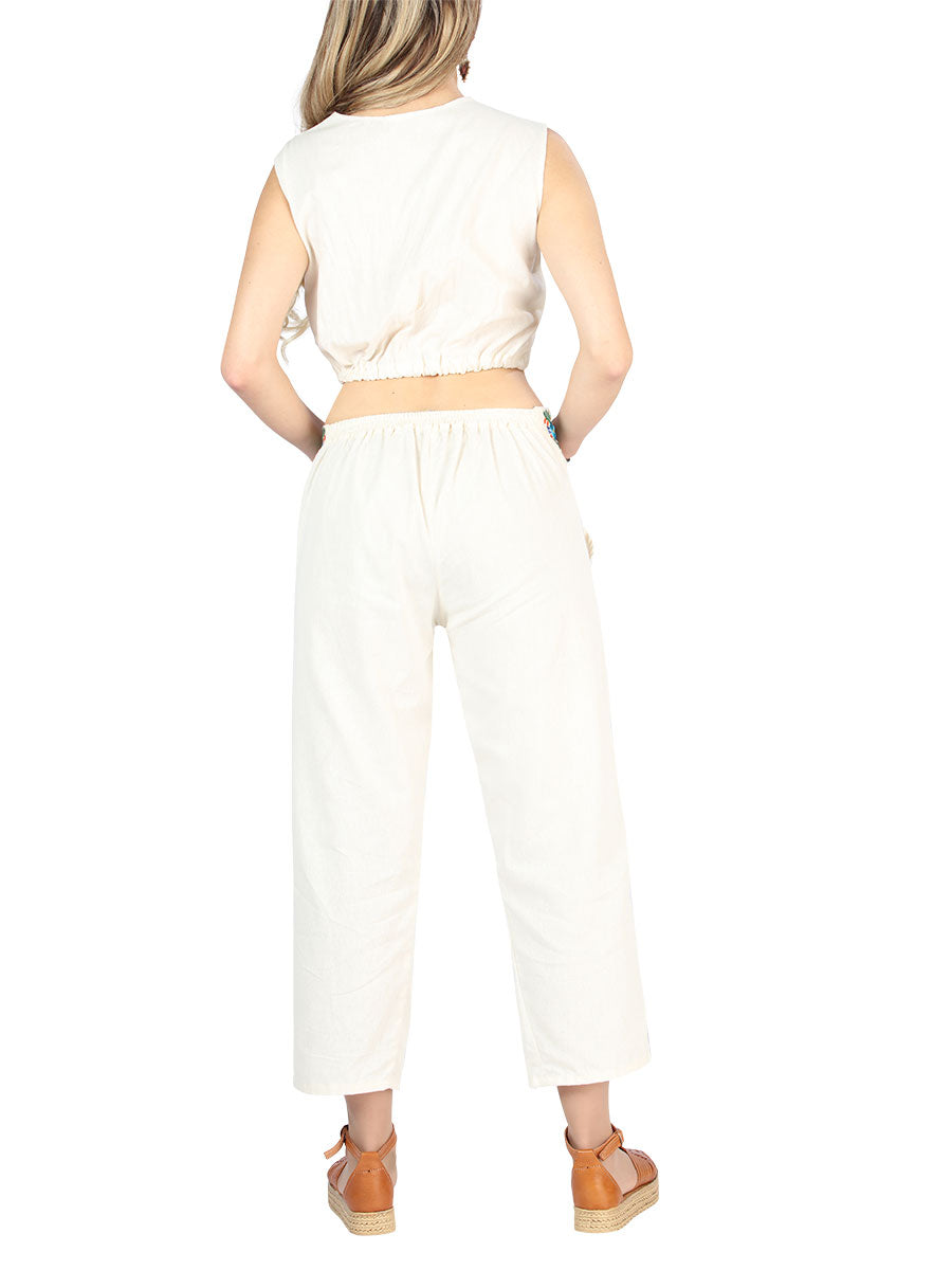 Conjunto bordado artesanal 100% algodón beige 604049