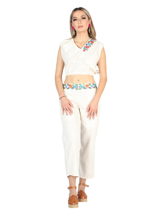 Conjunto bordado artesanal 100% algodón beige 604049