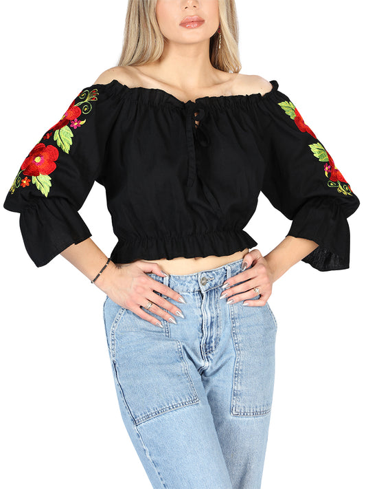 Blusa bordada artesanalmente 100% algodón negra 604050