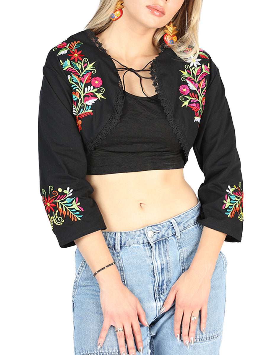 Torera bordada artesanalmente, 100% algodón, negra, 604052