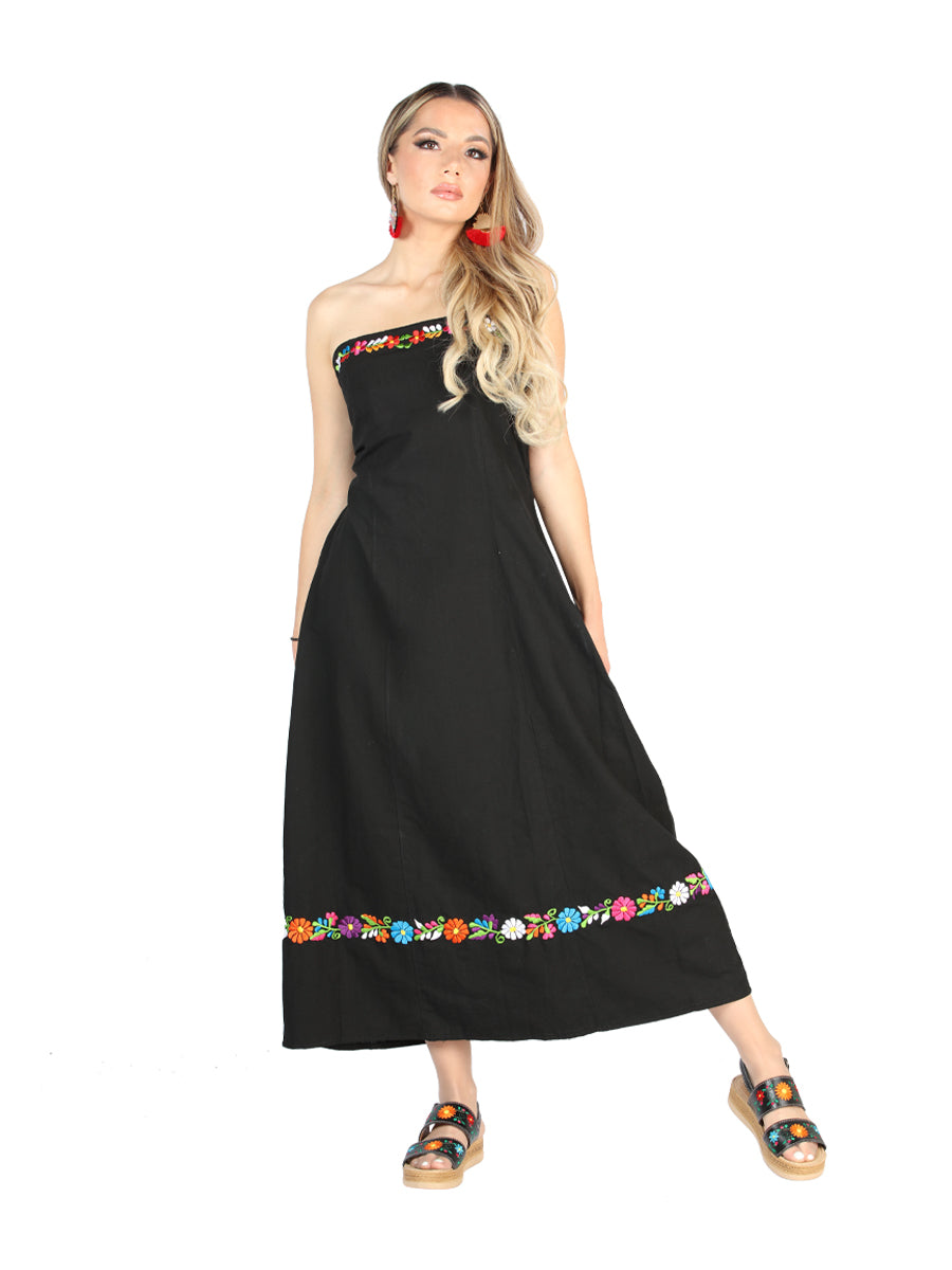 Vestido bordado artesanal 100% algodón negro 604053