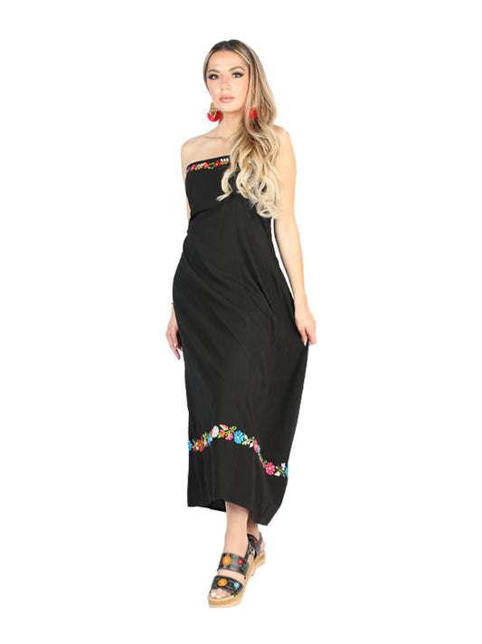 Vestido bordado artesanal 100% algodón negro 604053