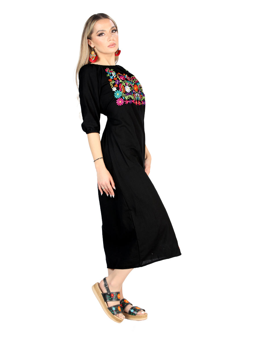 Vestido bordado artesanal 100% algodón negro 604054