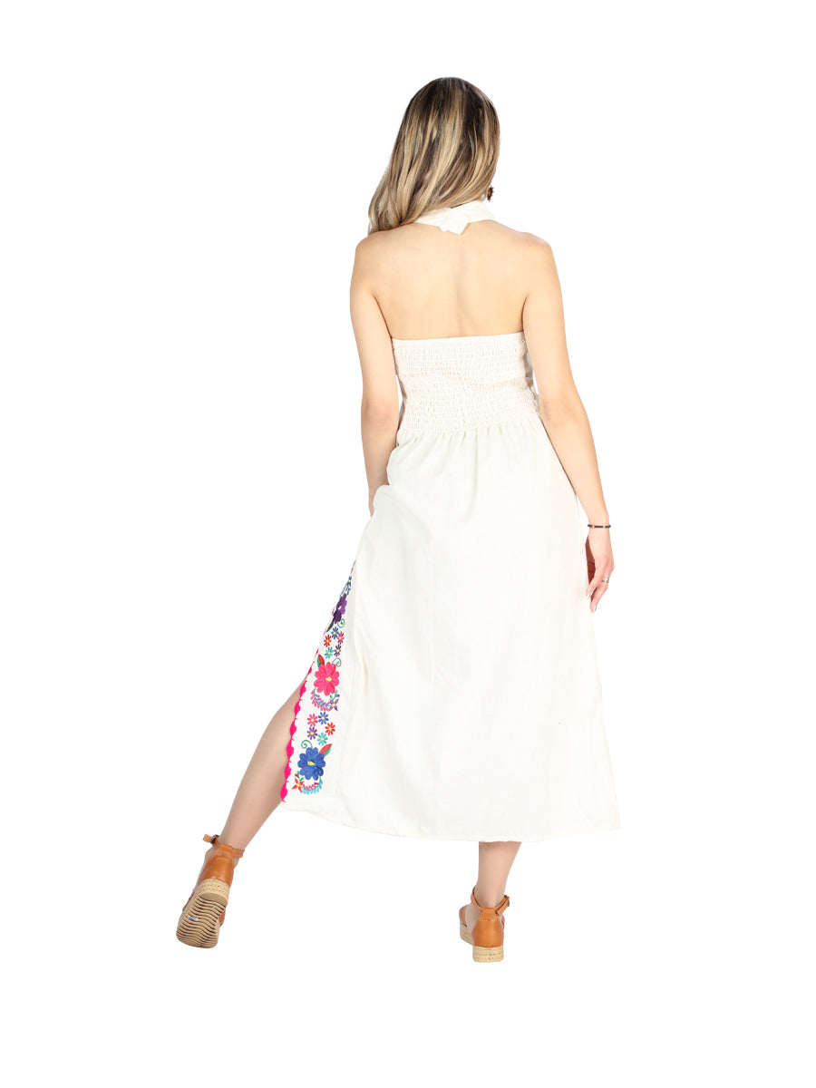 Vestido bordado artesanal 100% algodón beige 604055