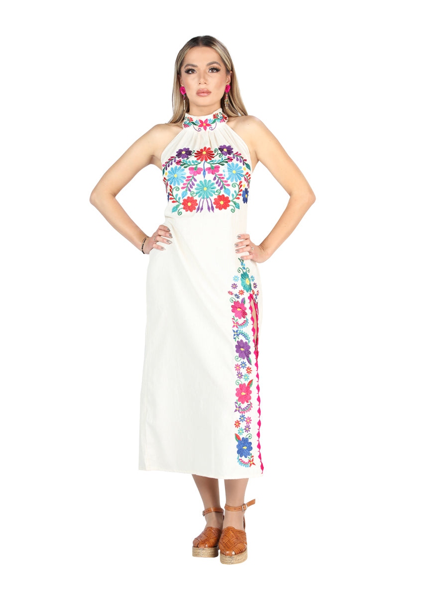 Vestido bordado artesanal 100% algodón beige 604055
