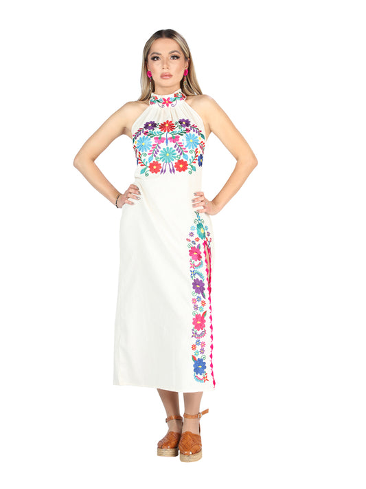 Vestido bordado artesanal 100% algodón beige 604055