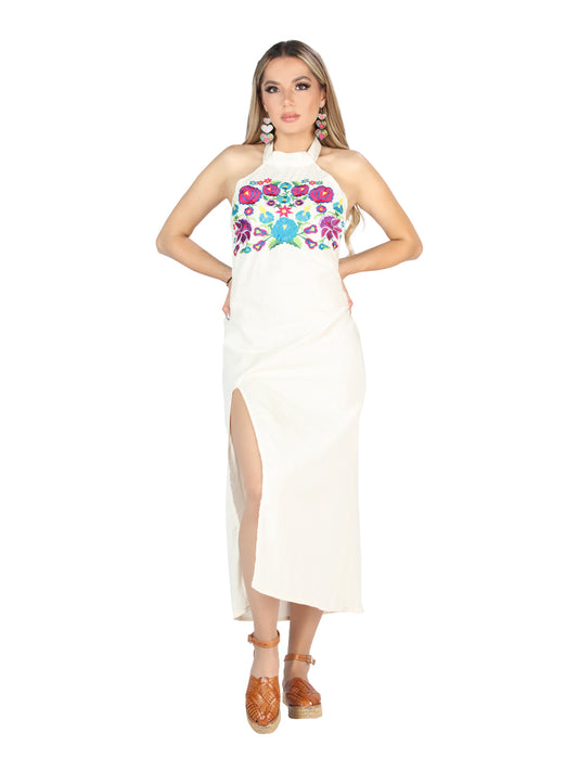 Vestido bordado artesanal 100% algodón beige 604057