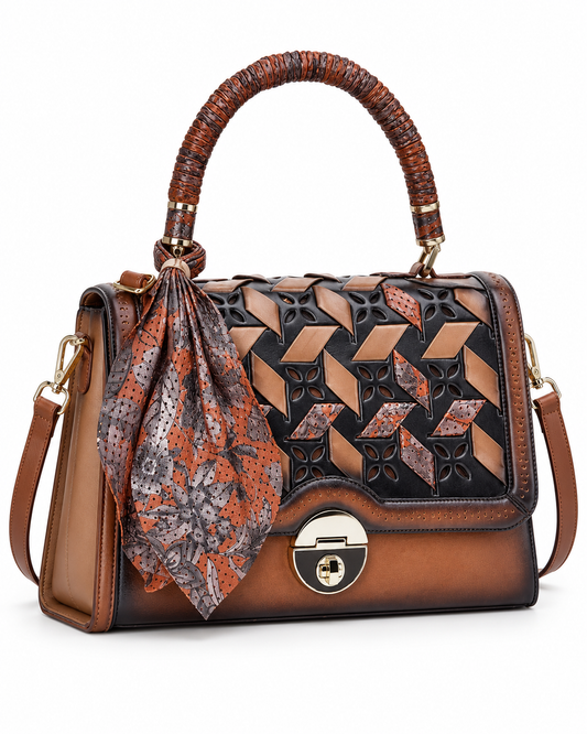 Women’s Brown andBlack Geometric Woven Satchel Handbag Top Handle Shoulder Bag
