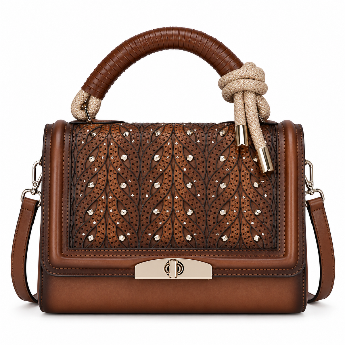 Women’s Brown Western Handbag Tooled Studded Leather Look Crossbody Shoulder Purse