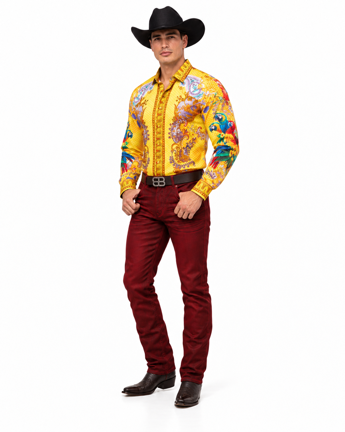 Men’s Luxury Yellow Baroque Parrot Print Long Sleeve Button-Up Shirt Western Style