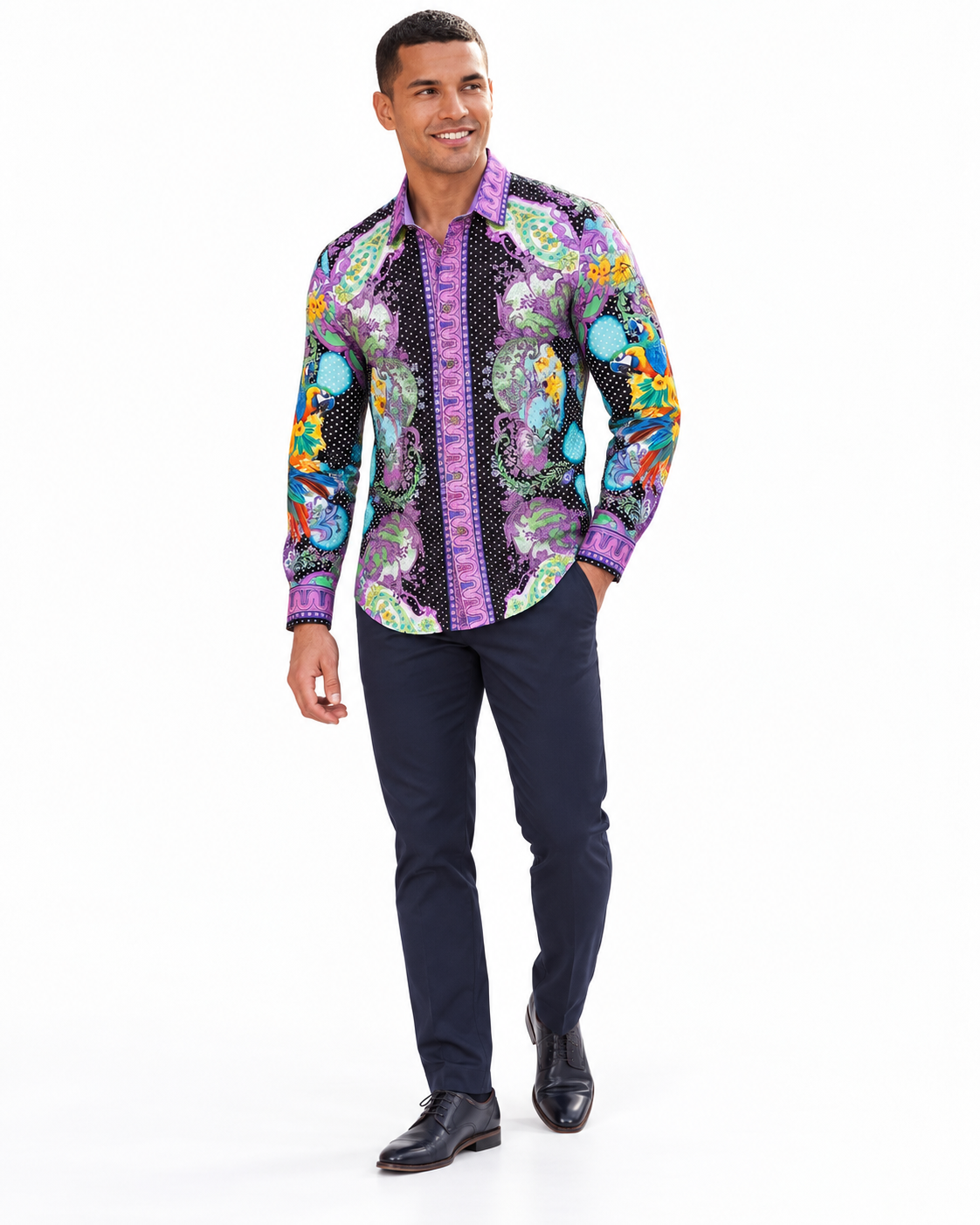 Men’s Black Purple Baroque Parrot Print Long Sleeve Button-Up Shirt Luxury Western Style
