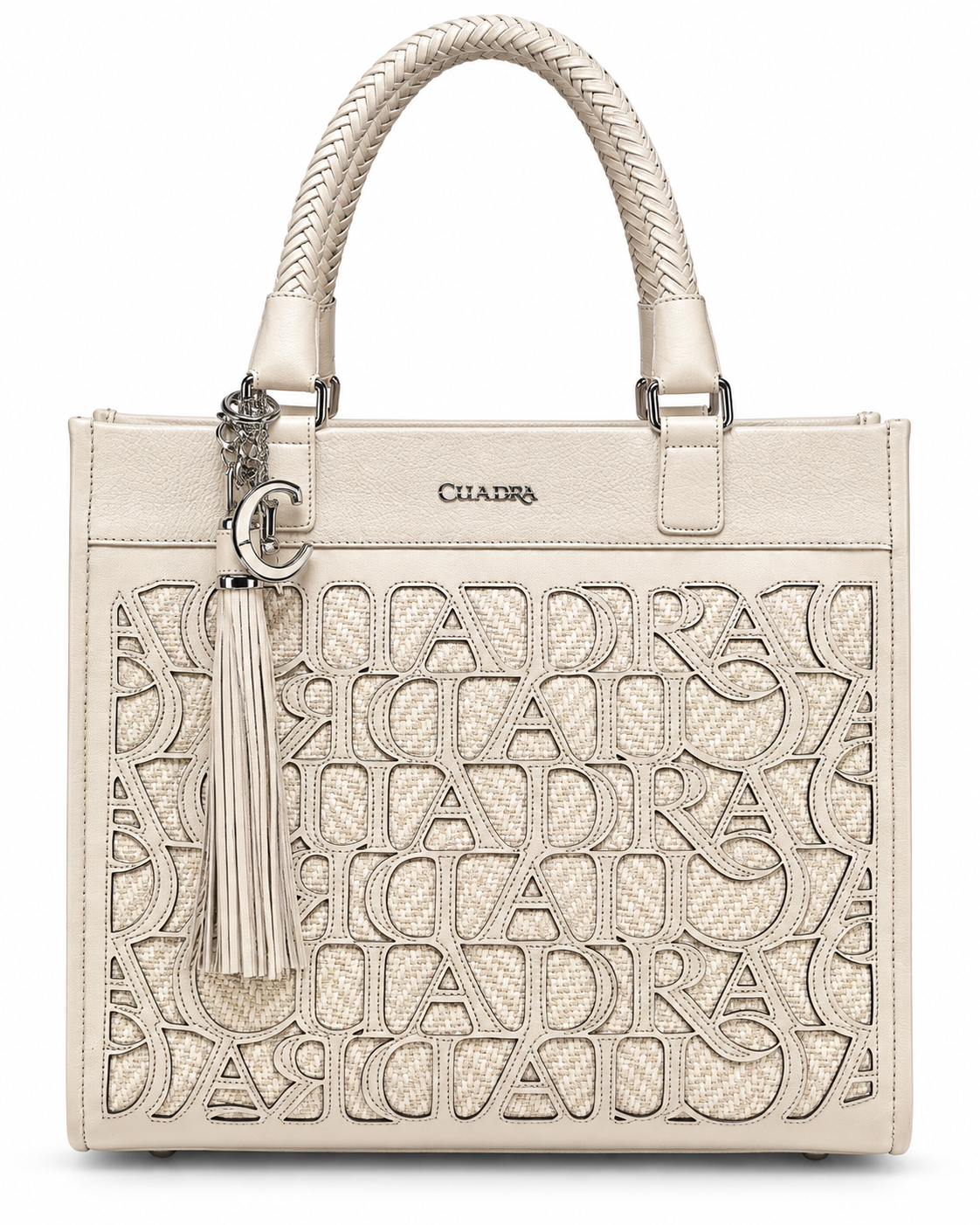 Women’s Cream Ivory Tote Handbag Braided Handles Tassel Shoulder Purse
