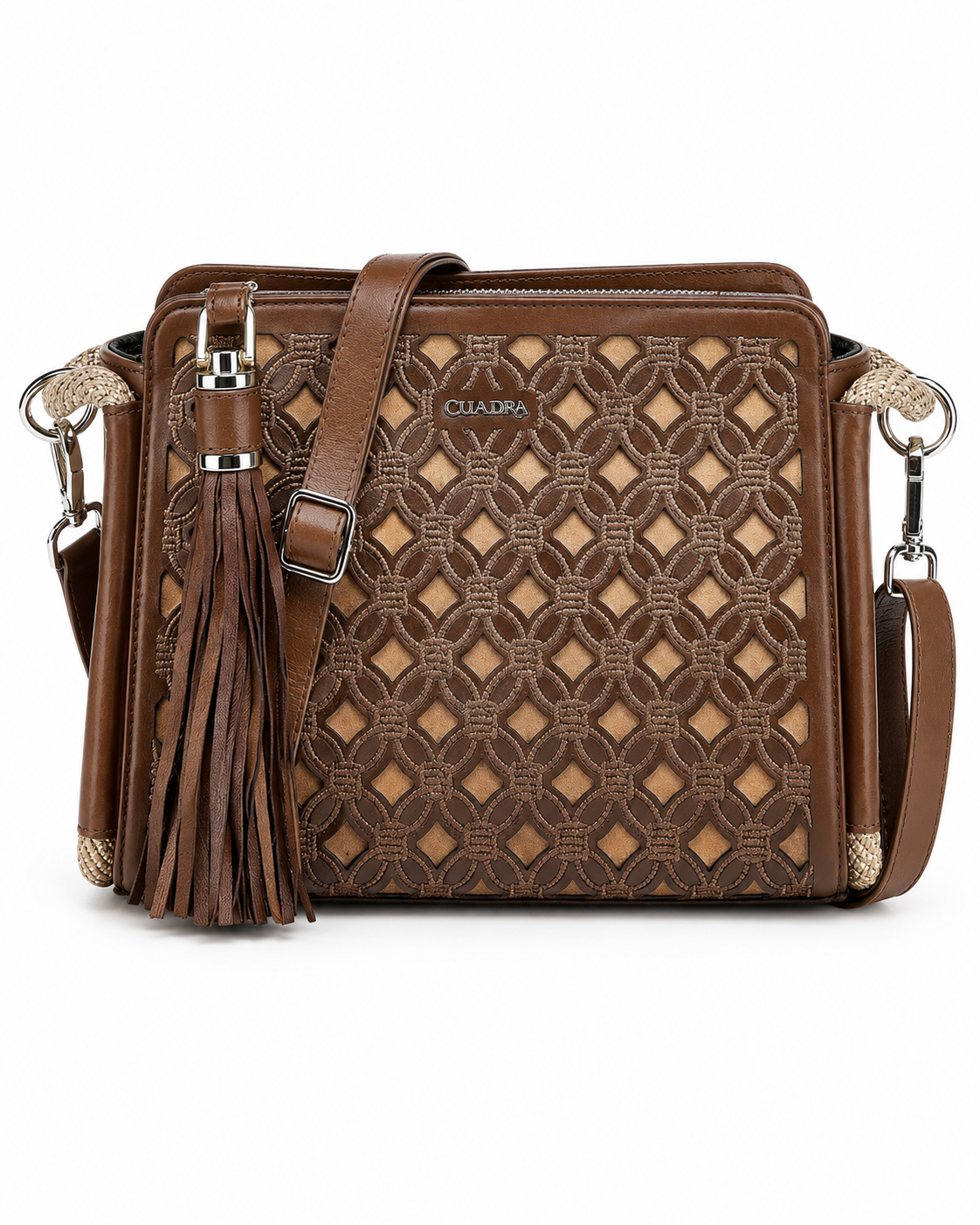 Women’s Brown Crossbody Bag Leather Look Tassel Woven Design Shoulder Purse