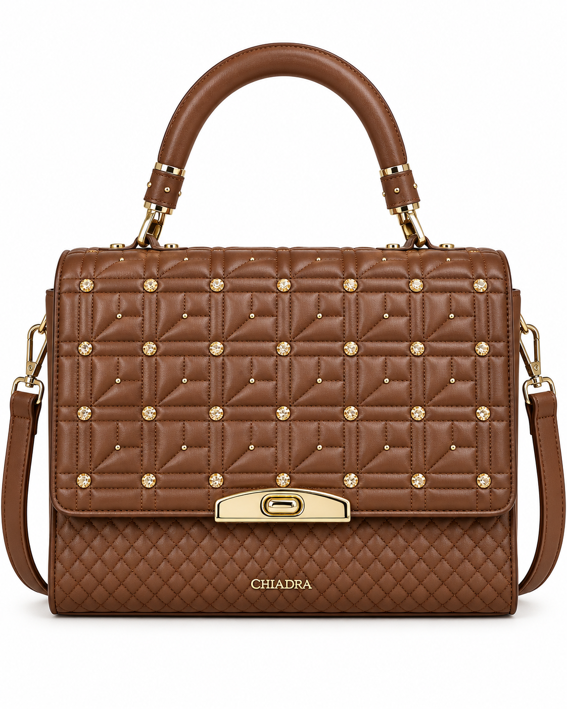 Women's Brown Quilted Rhinestone Handbag Satchel Purse Crossbody Shoulder Bag