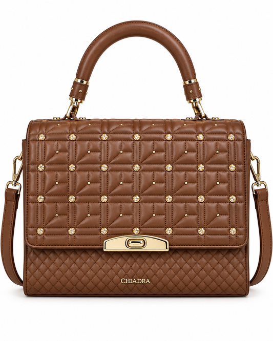 Women's Brown Quilted Rhinestone Handbag Satchel Purse Crossbody Shoulder Bag
