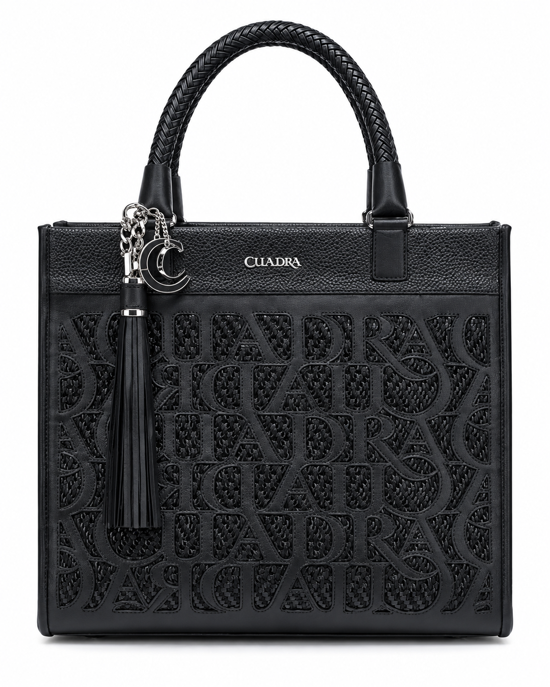 Women's Black Embossed Monogram Tote Handbag Braided Handles Tassel Purse