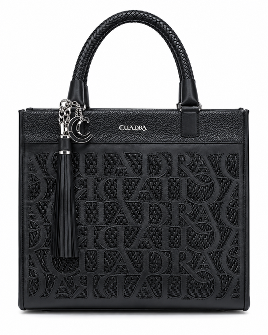 Women's Black Embossed Monogram Tote Handbag Braided Handles Tassel Purse