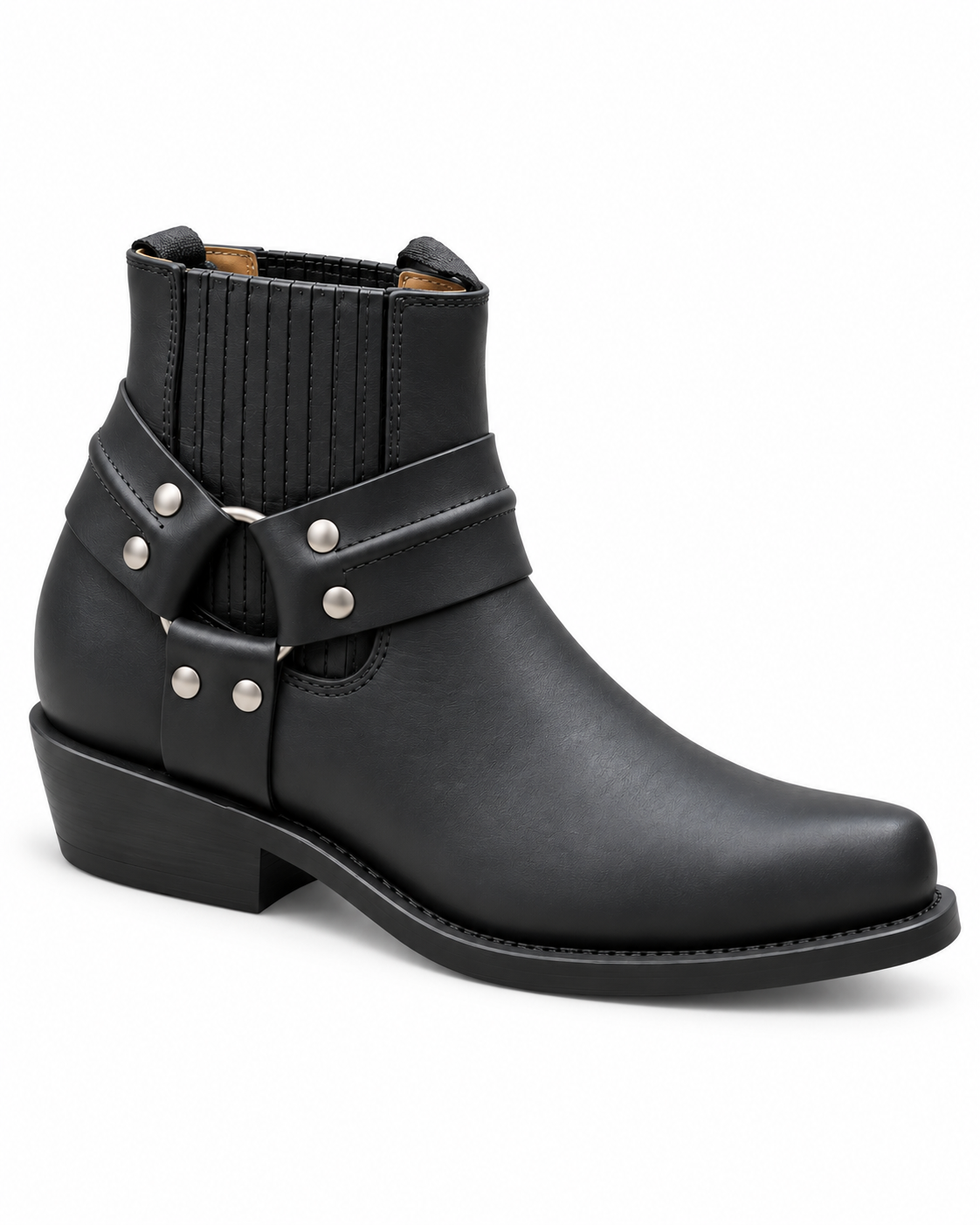 Black Western Ankle Cowboy Boots Harness Straps Metal Studs Square Toe