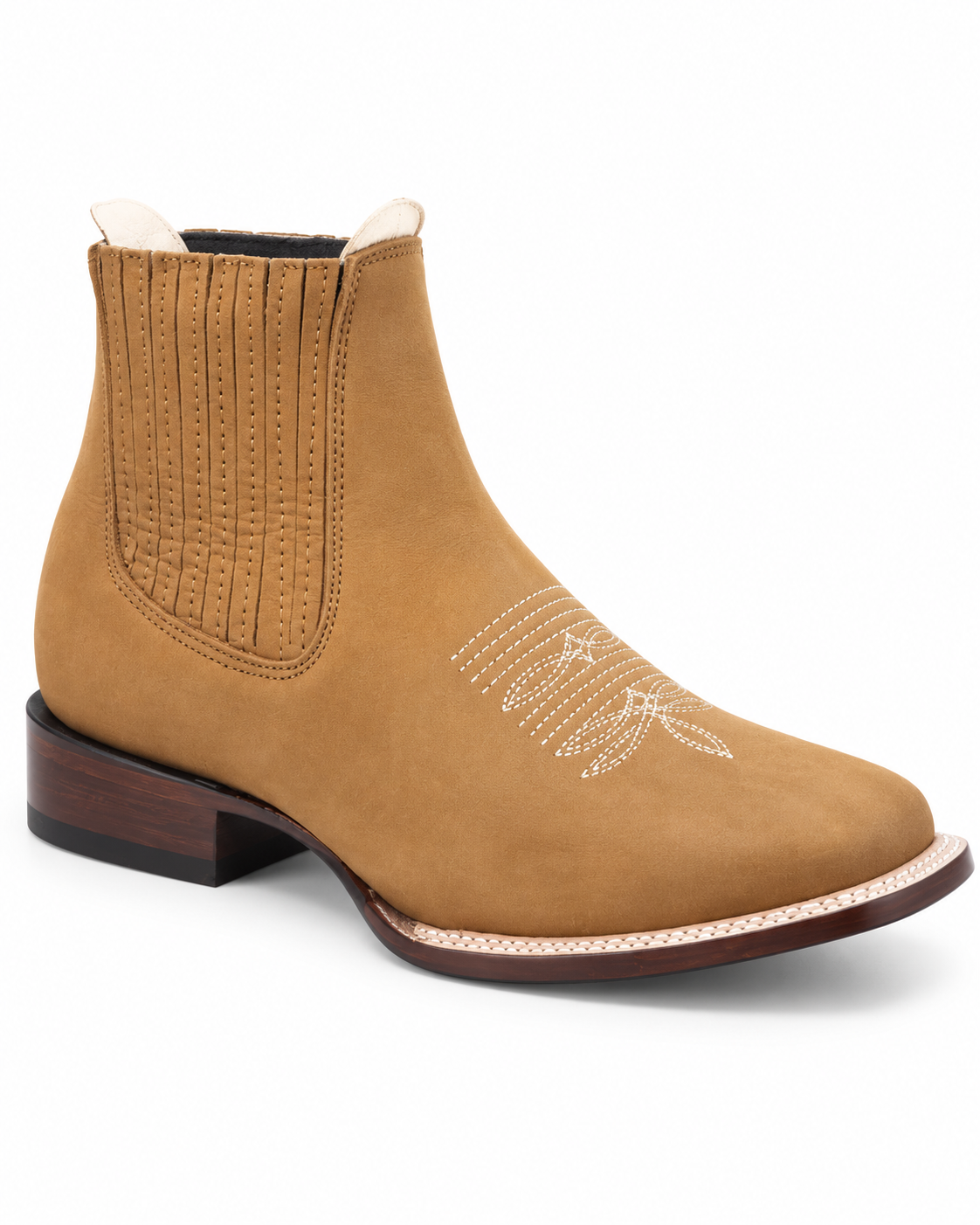 Men’s Tan Western Ankle Boots Chelsea Cowboy Boot Embroidered Square Toe