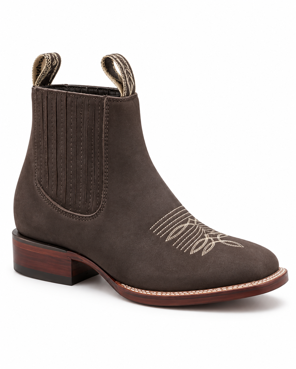 Men’s Dark Brown Western Ankle Boots Chelsea Cowboy Embroidered Square Toe