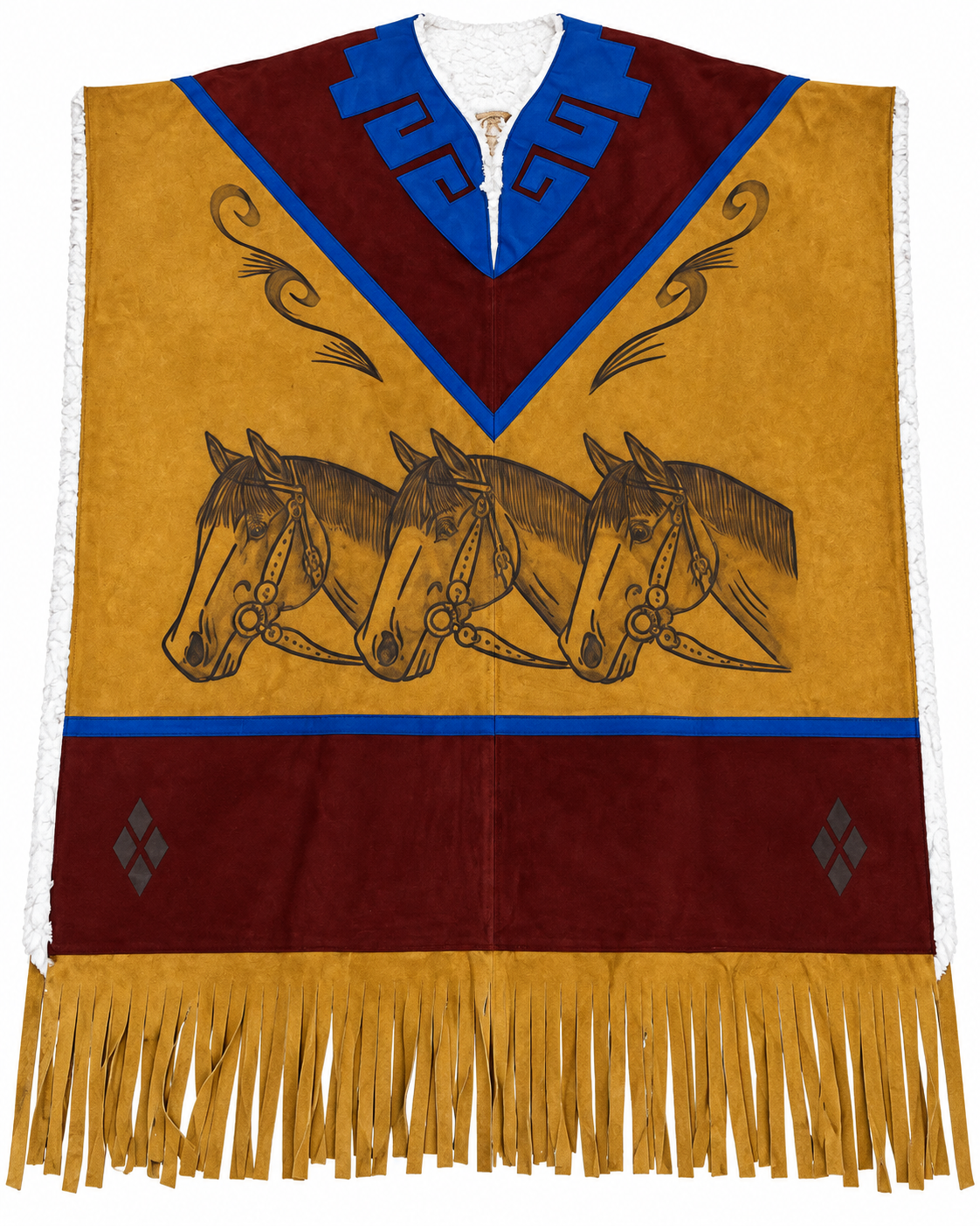 Men’s Western Cowboy Poncho Tan Burgundy Blue Triple Horse Fringe Ranch Rodeo Style