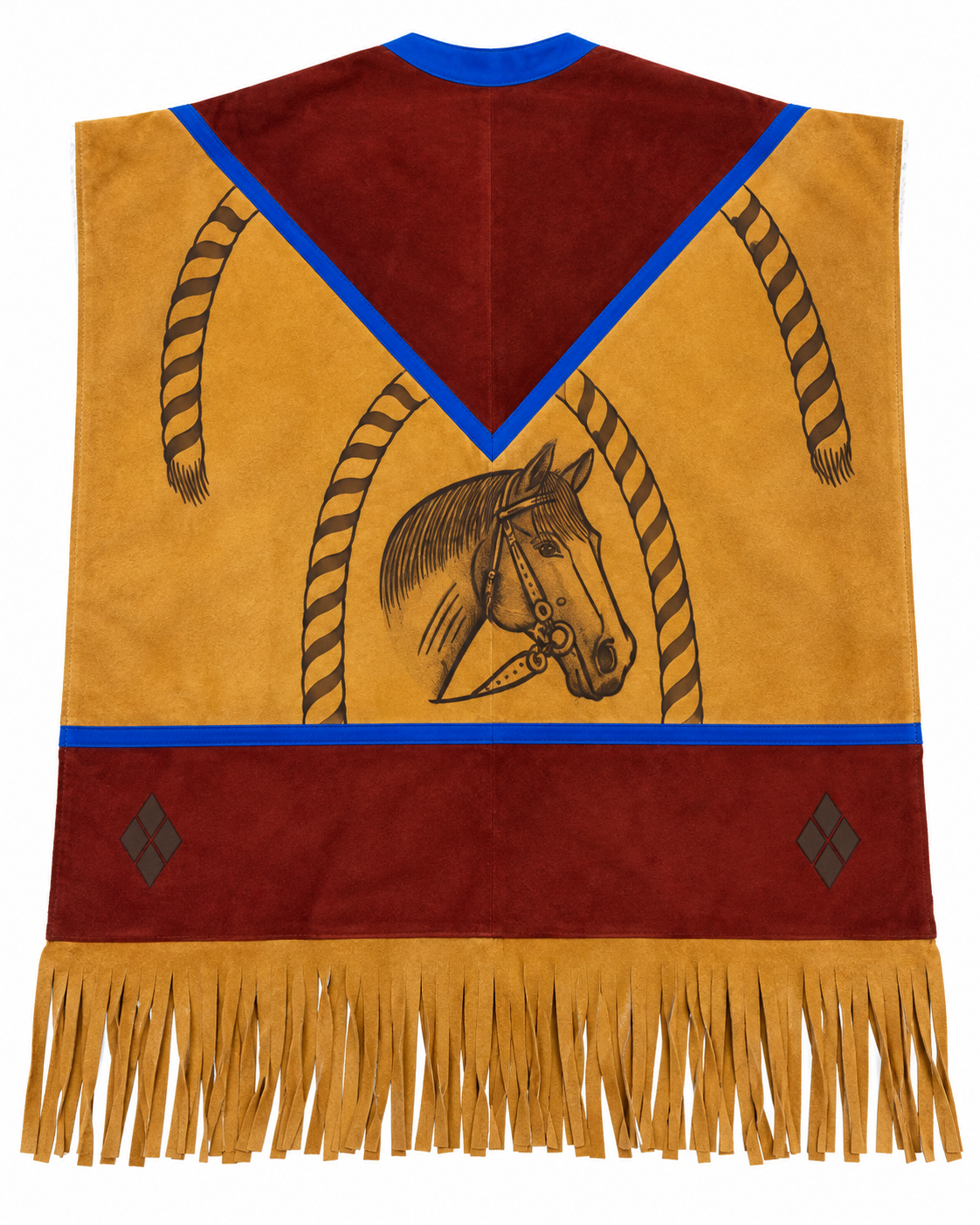 Men’s Western Cowboy Poncho Tan Burgundy Horse Design Fringe Ranch Rodeo Style