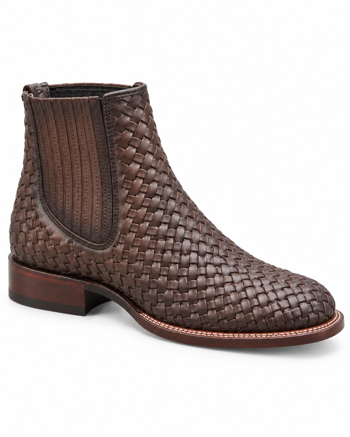 Men’s Brown Woven Leather Western Ankle Boots Square Toe Cowboy Chelsea Style