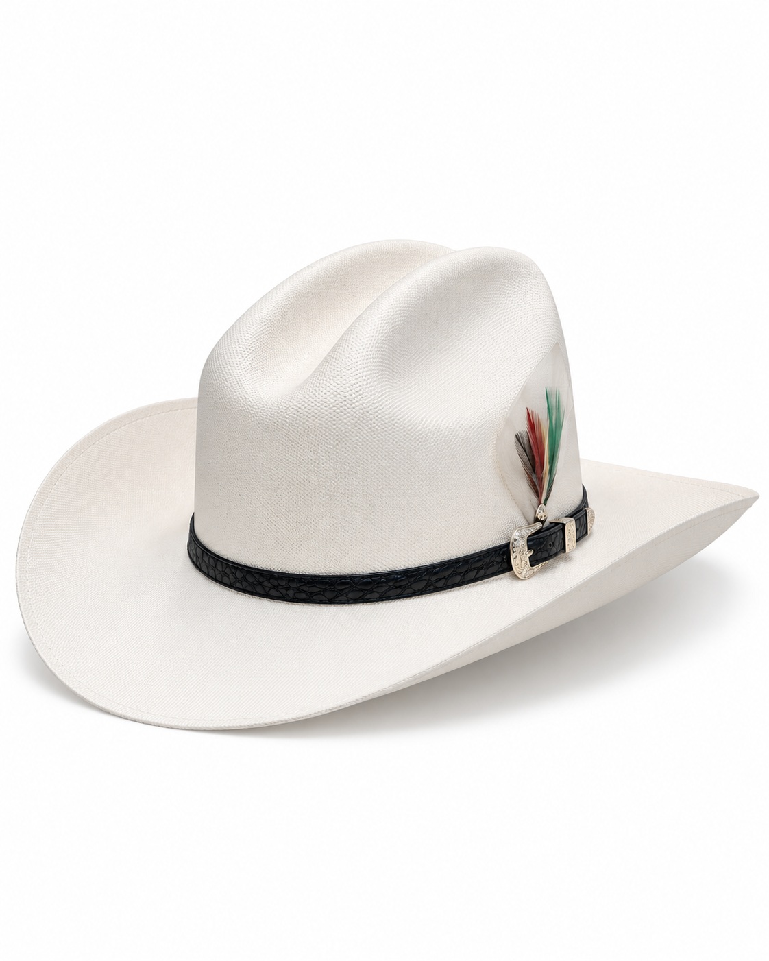 Men’s White Western Cowboy Hat with Feather Accent Black Band Gold Buckle
