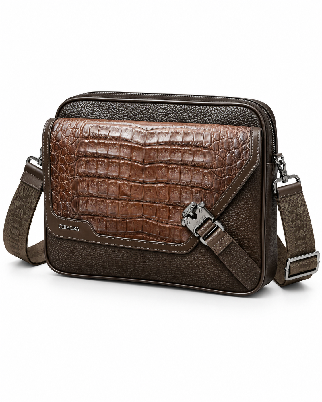 Men's&nbsp; Brown Crocodile-Embossed Leather Crossbody Shoulder Bag