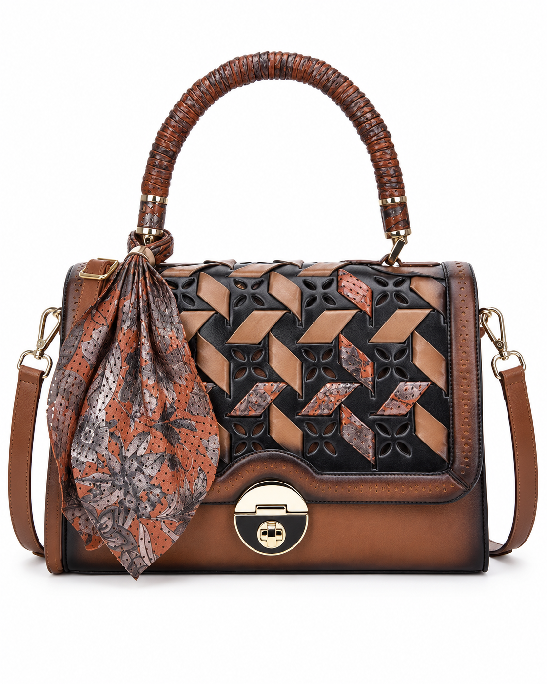 Women’s Brown andBlack Geometric Woven Satchel Handbag Top Handle Shoulder Bag