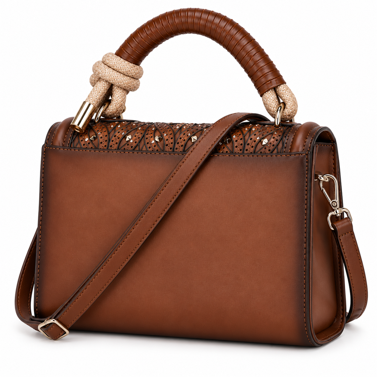 Women’s Brown Western Handbag Tooled Studded Leather Look Crossbody Shoulder Purse