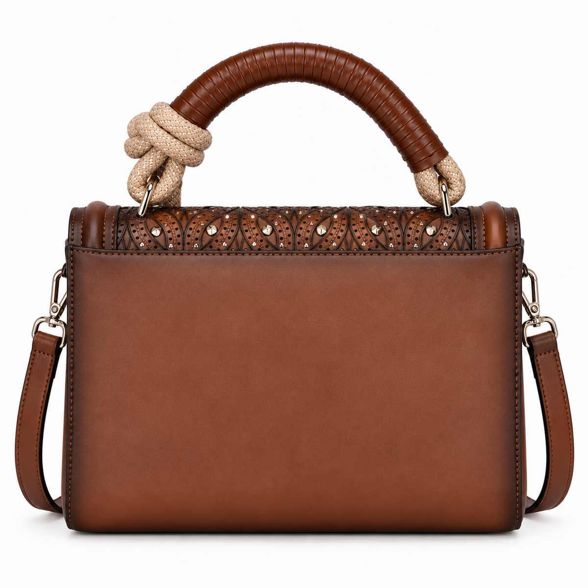 Women’s Brown Western Handbag Tooled Studded Leather Look Crossbody Shoulder Purse