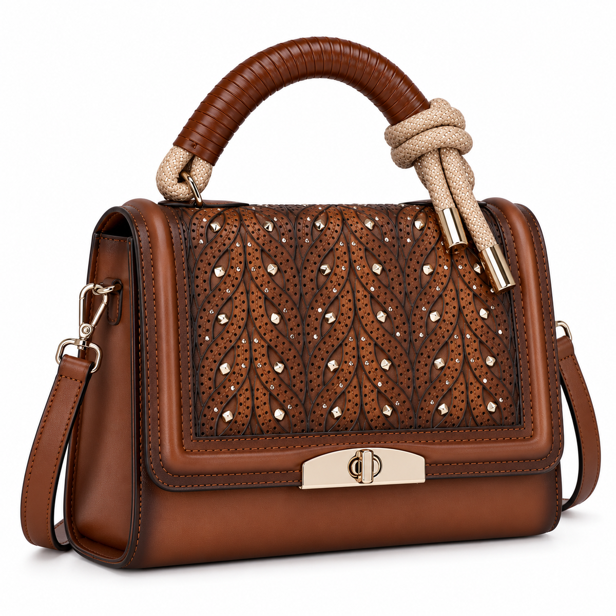 Women’s Brown Western Handbag Tooled Studded Leather Look Crossbody Shoulder Purse