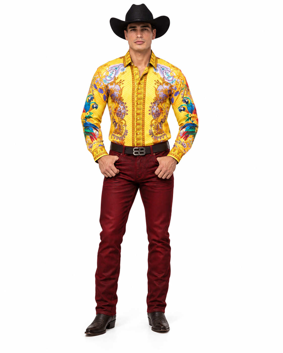 Men’s Luxury Yellow Baroque Parrot Print Long Sleeve Button-Up Shirt Western Style