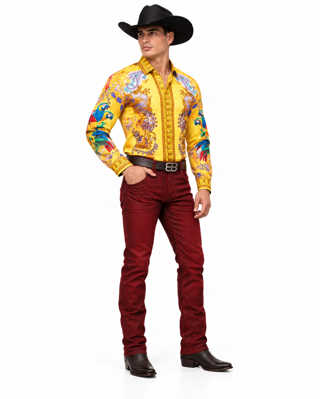 Men’s Luxury Yellow Baroque Parrot Print Long Sleeve Button-Up Shirt Western Style