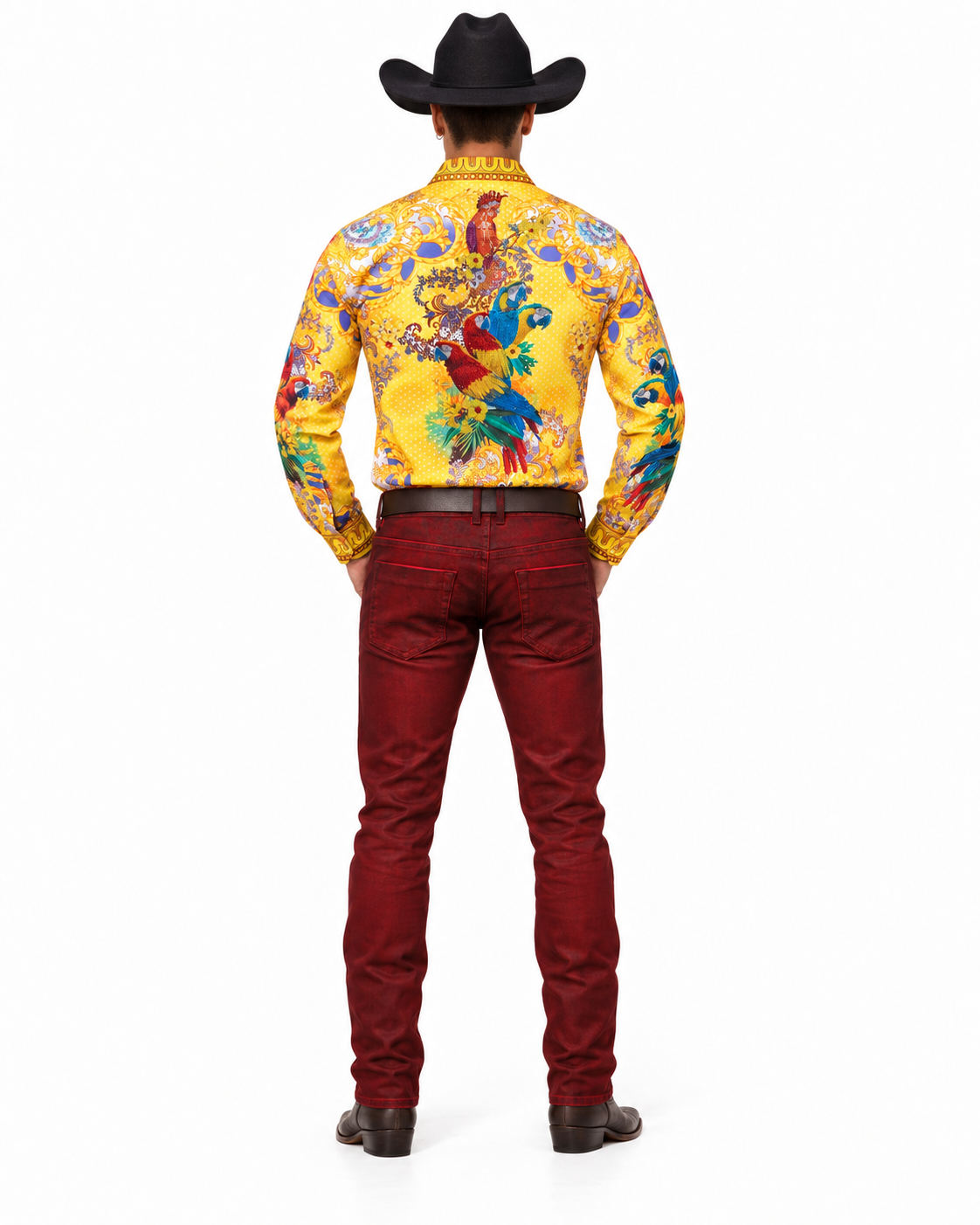 Men’s Luxury Yellow Baroque Parrot Print Long Sleeve Button-Up Shirt Western Style