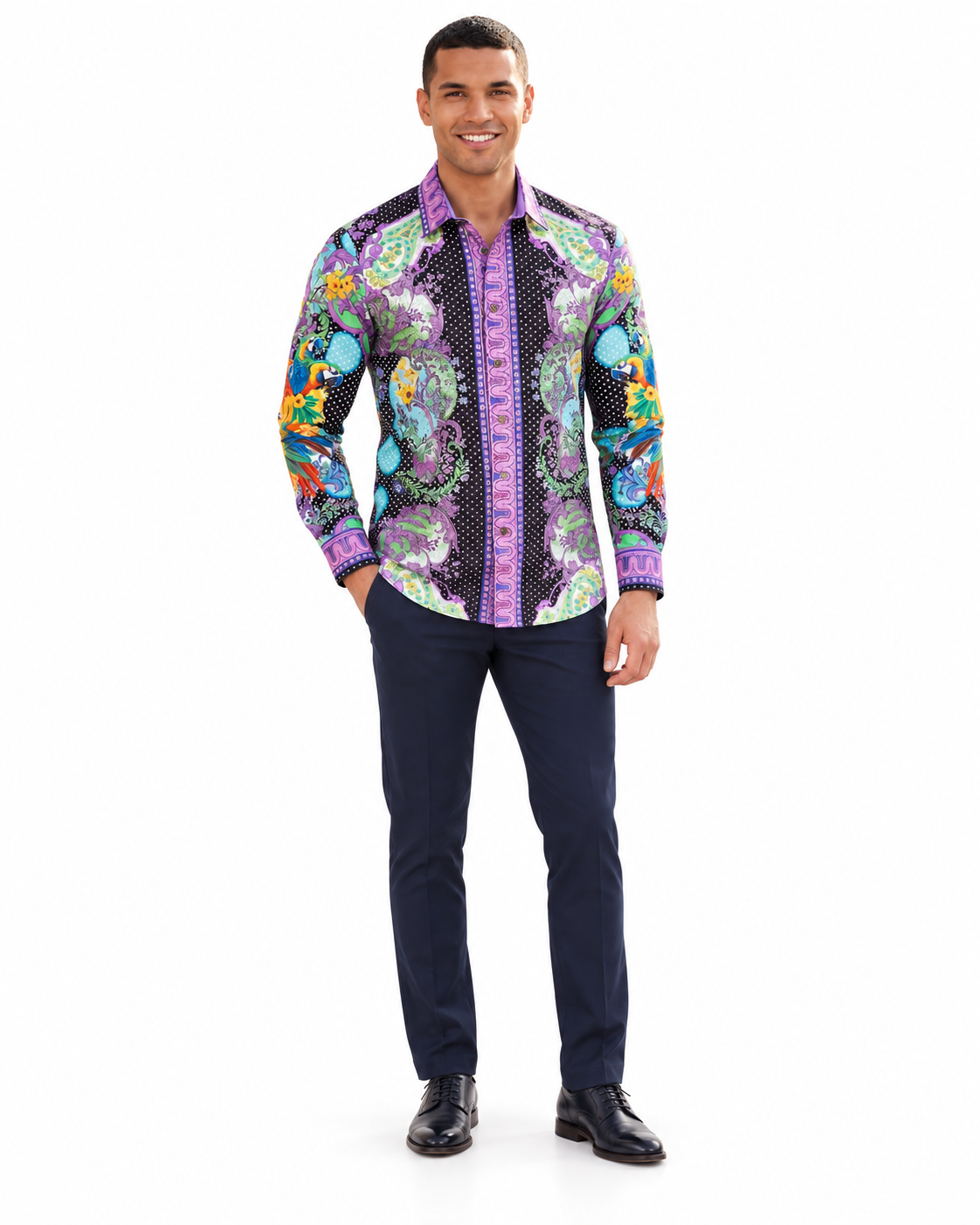 Men’s Black Purple Baroque Parrot Print Long Sleeve Button-Up Shirt Luxury Western Style