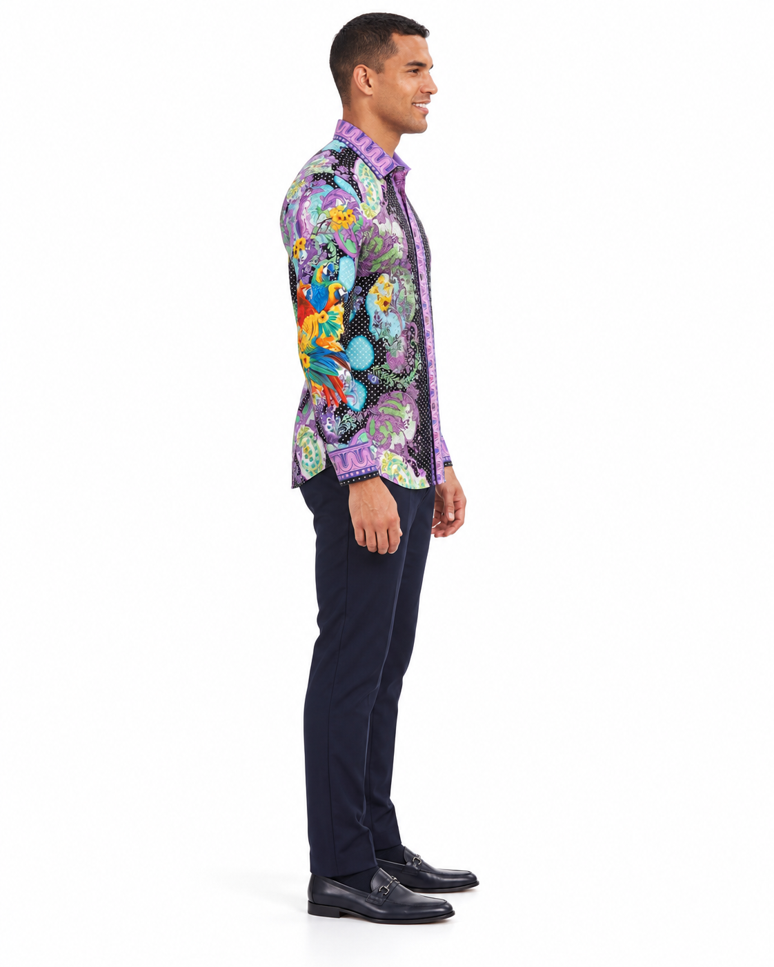 Men’s Black Purple Baroque Parrot Print Long Sleeve Button-Up Shirt Luxury Western Style