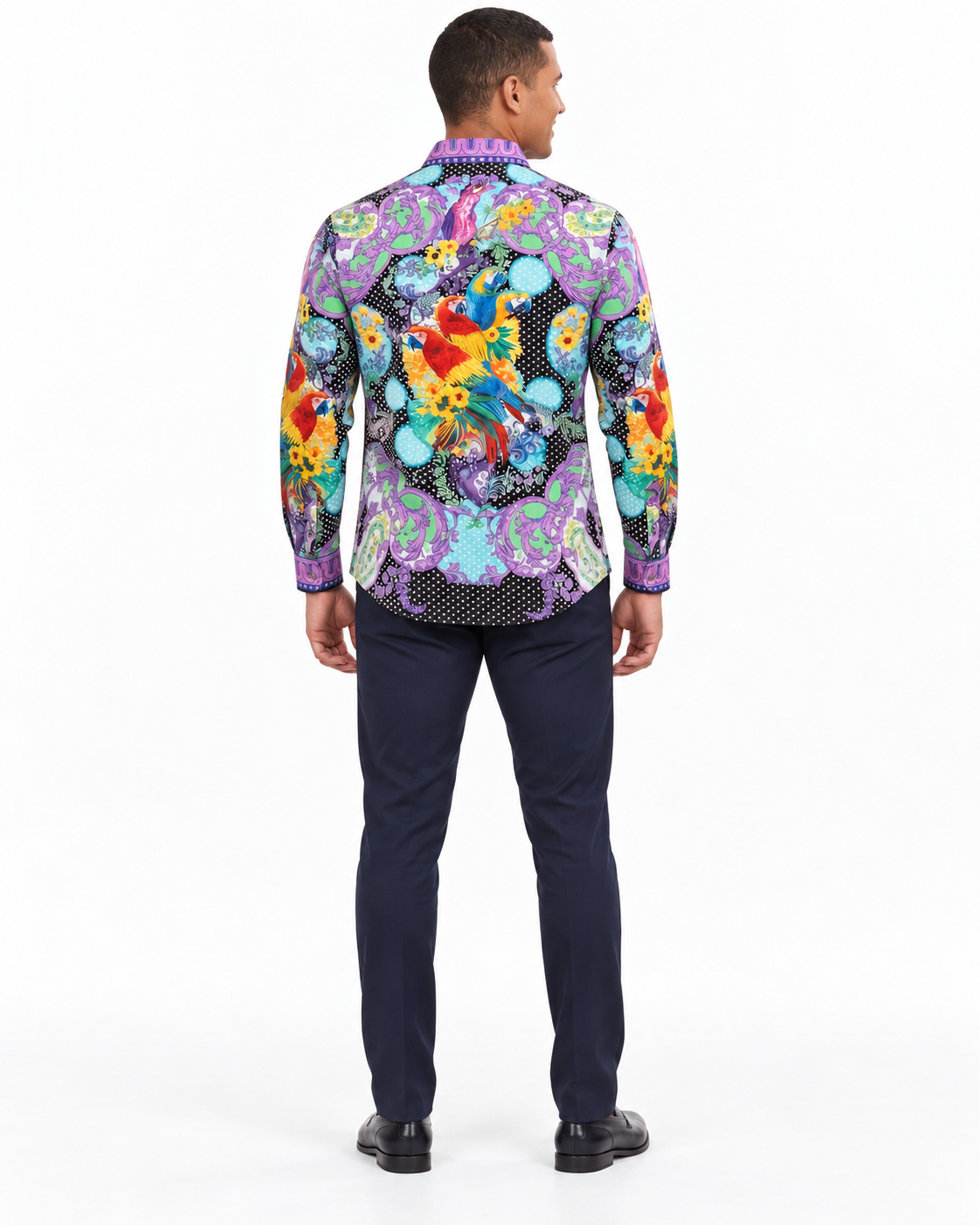 Men’s Black Purple Baroque Parrot Print Long Sleeve Button-Up Shirt Luxury Western Style