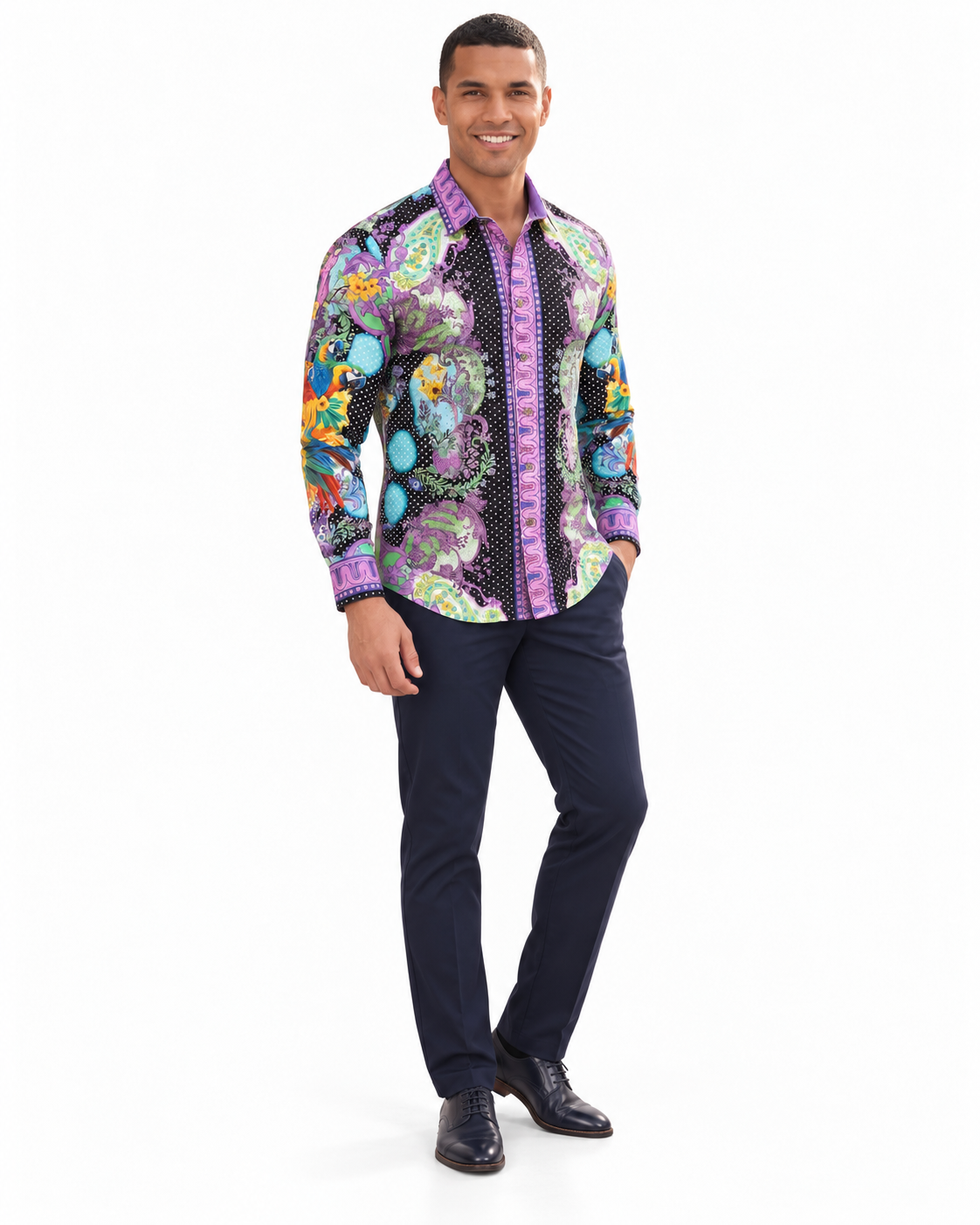 Men’s Black Purple Baroque Parrot Print Long Sleeve Button-Up Shirt Luxury Western Style