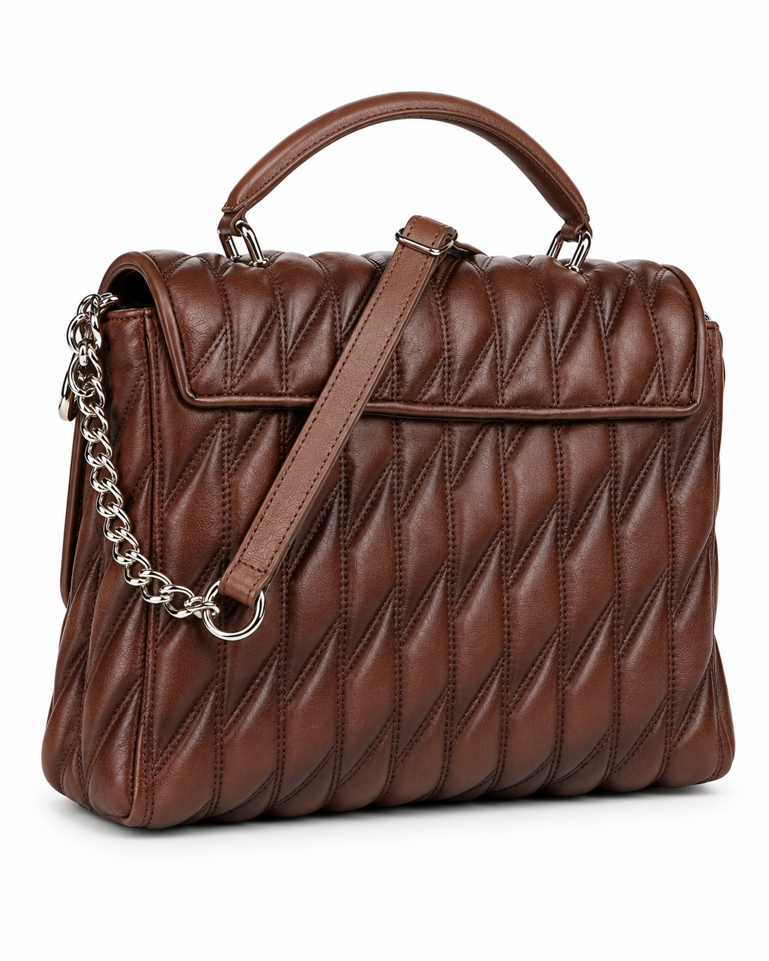 Women’s Brown Quilted Handbag Satchel Top Handle Chain Shoulder Bag