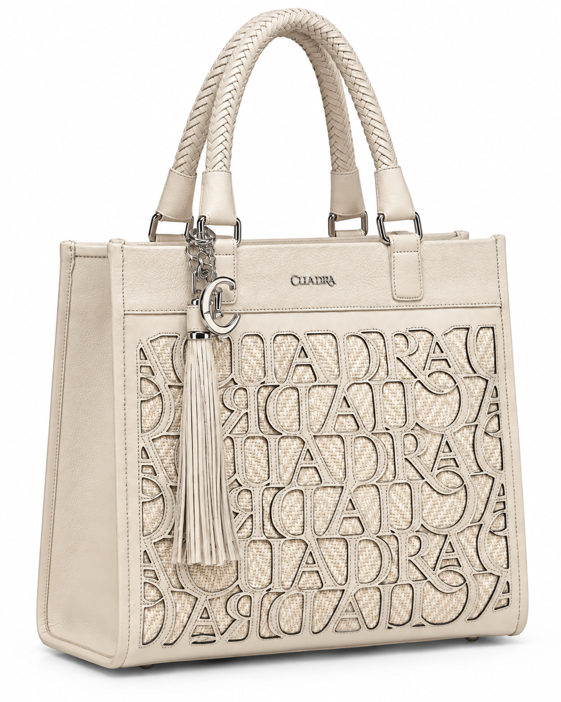 Women’s Cream Ivory Tote Handbag Braided Handles Tassel Shoulder Purse