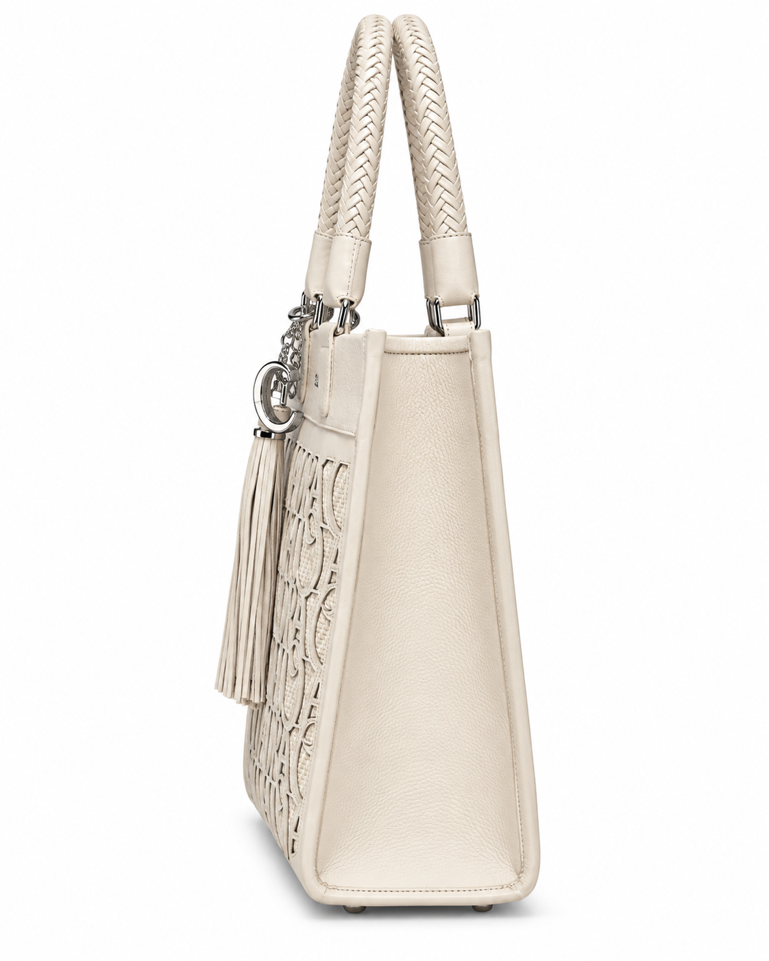 Women’s Cream Ivory Tote Handbag Braided Handles Tassel Shoulder Purse