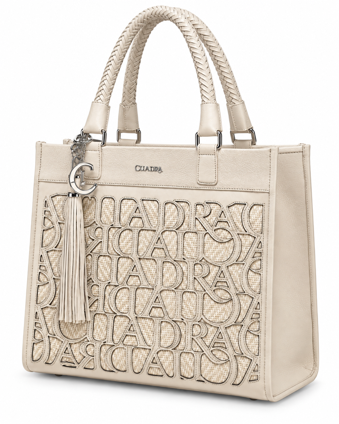 Women’s Cream Ivory Tote Handbag Braided Handles Tassel Shoulder Purse