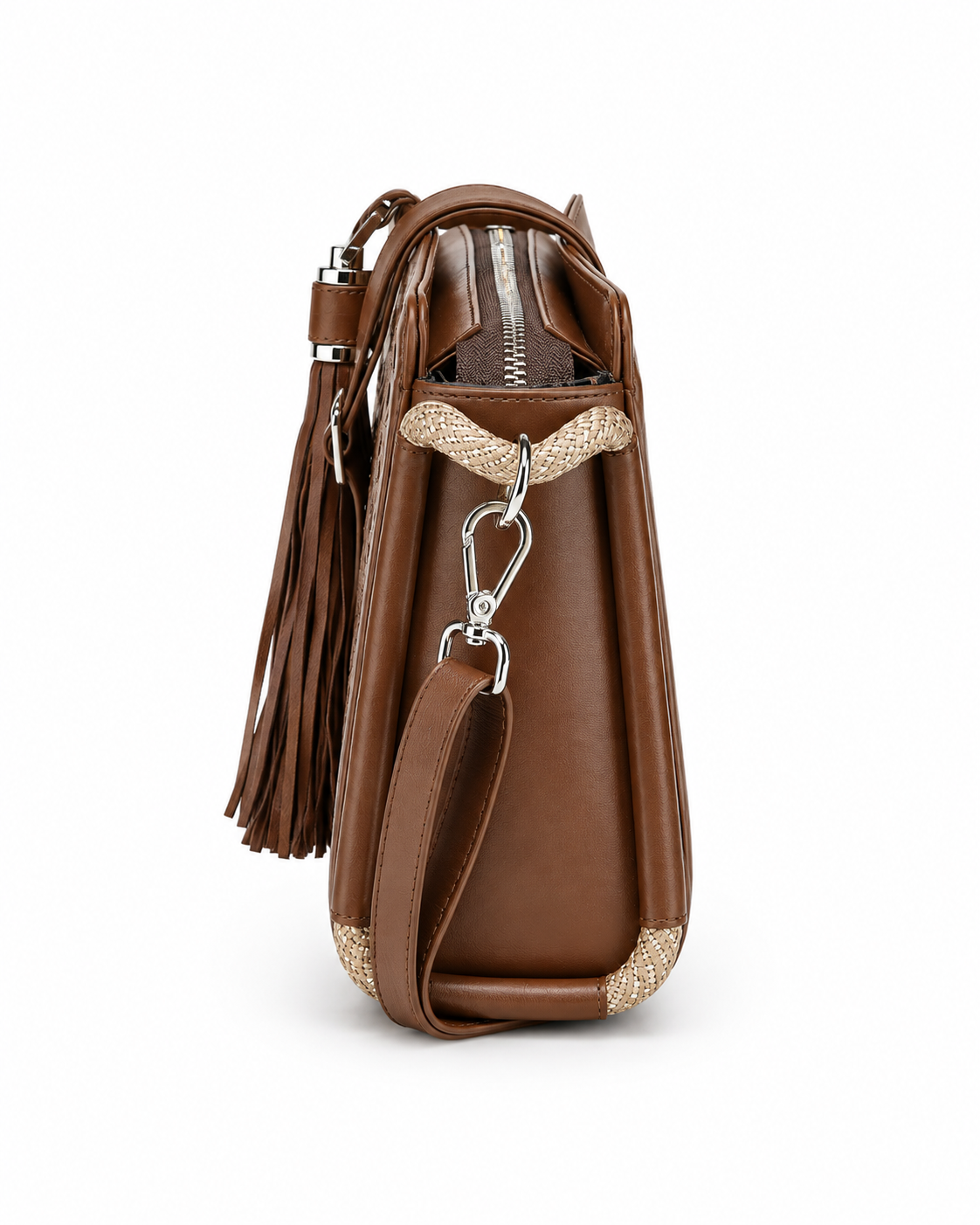 Women’s Brown Crossbody Bag Leather Look Tassel Woven Design Shoulder Purse