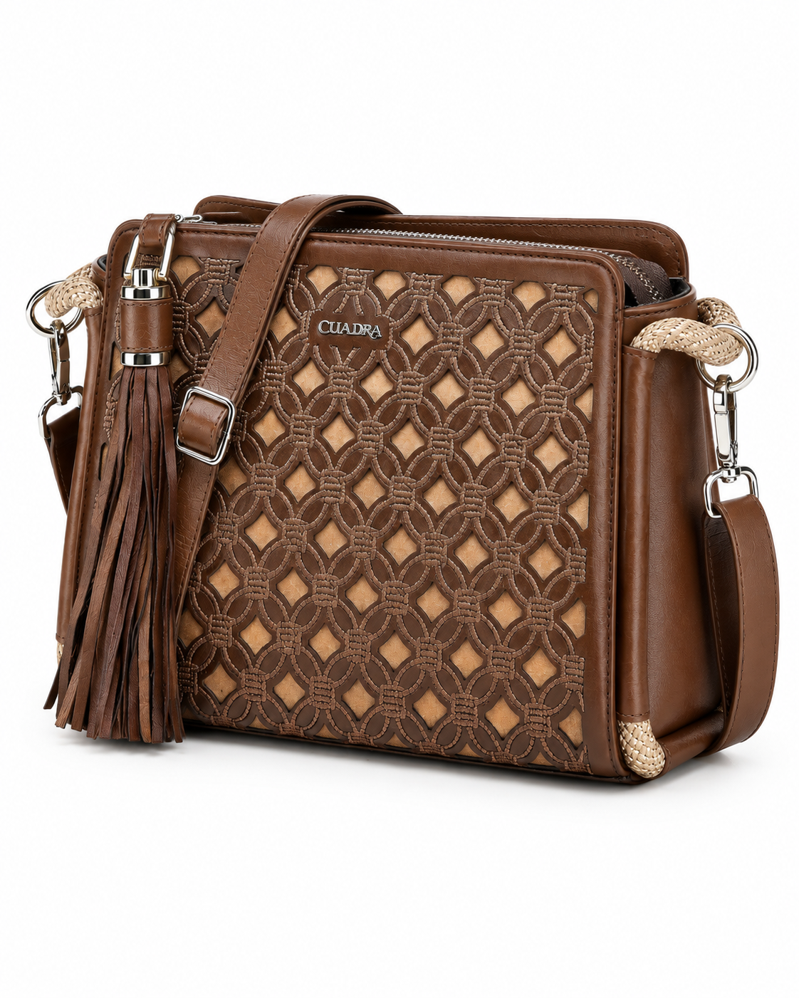 Women’s Brown Crossbody Bag Leather Look Tassel Woven Design Shoulder Purse